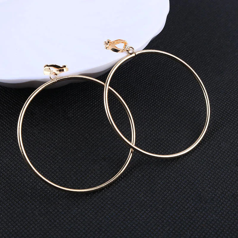 Geometric Round Clip Earrings Metal Big Earrings Women Ear Clip Jewelry