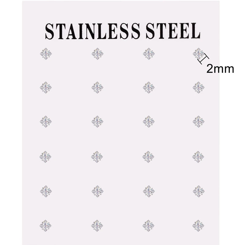 Square Zircon Stud Earrings Set Stainless Steel 12 Pairs Lot