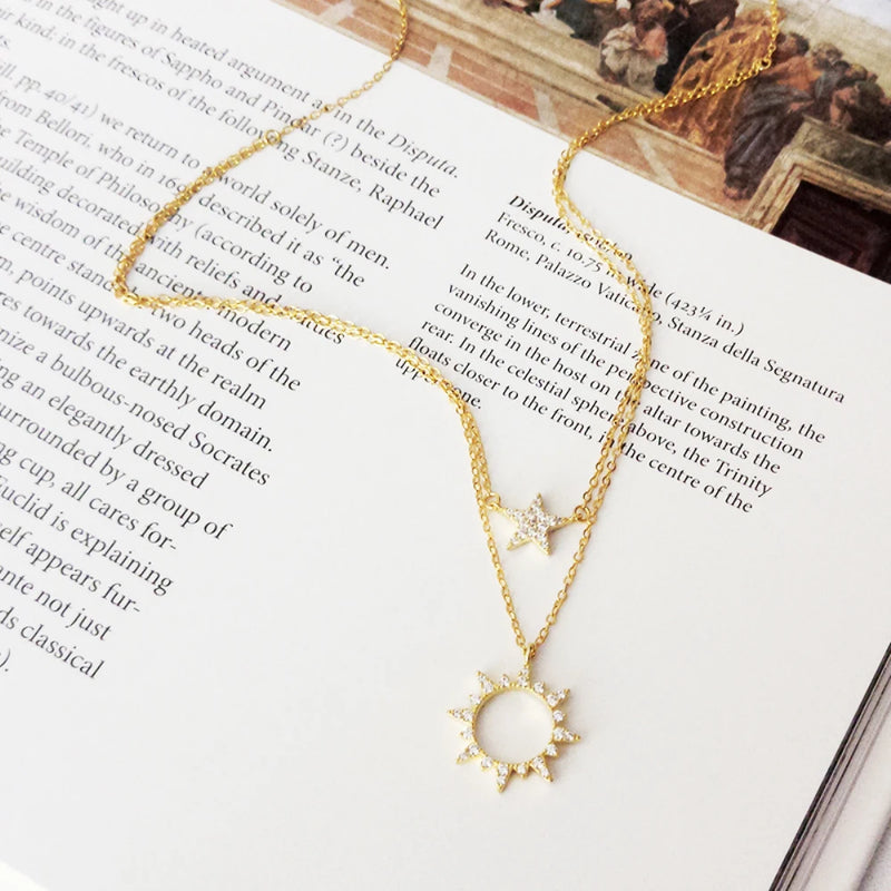 Geometric Star Sun Crystal Silver Choker Pendant Necklace