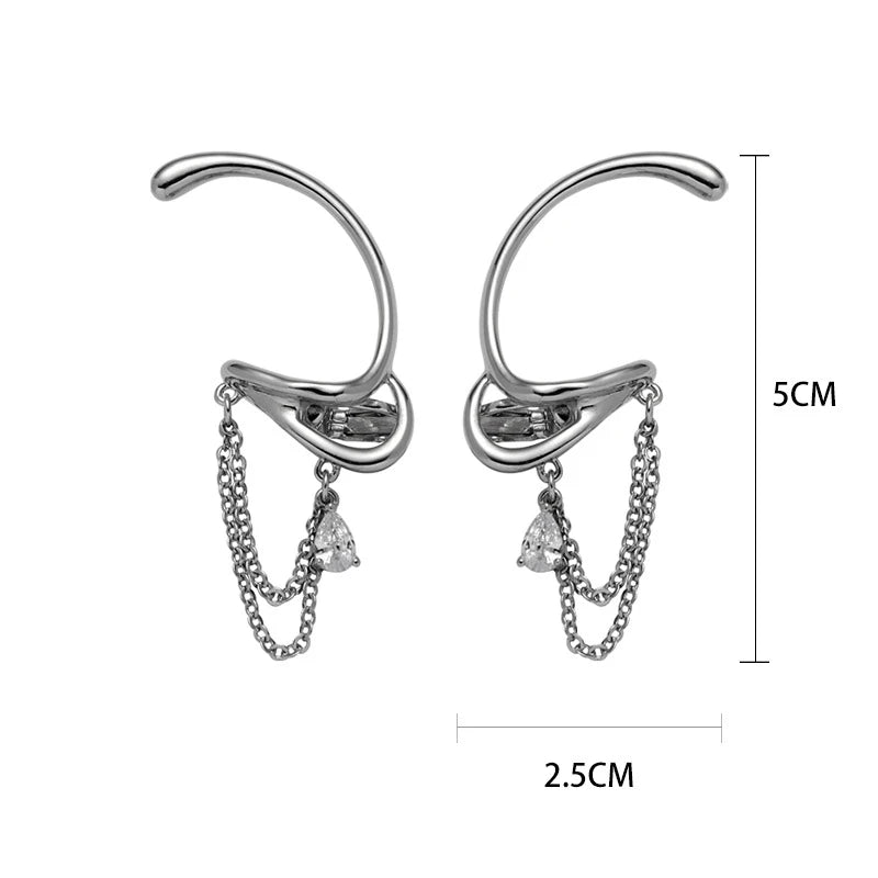 Geometric Tassel Chain Clip Earring for Women 925 Silver Plated