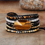 Geometric Tiger Eye Wrap Bracelet for Women Boho Natural Stone Crystal Beaded