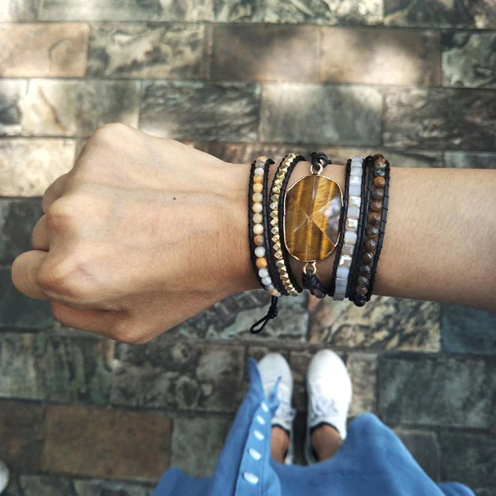 Geometric Tiger Eye Wrap Bracelet for Women Boho Natural Stone Crystal Beaded