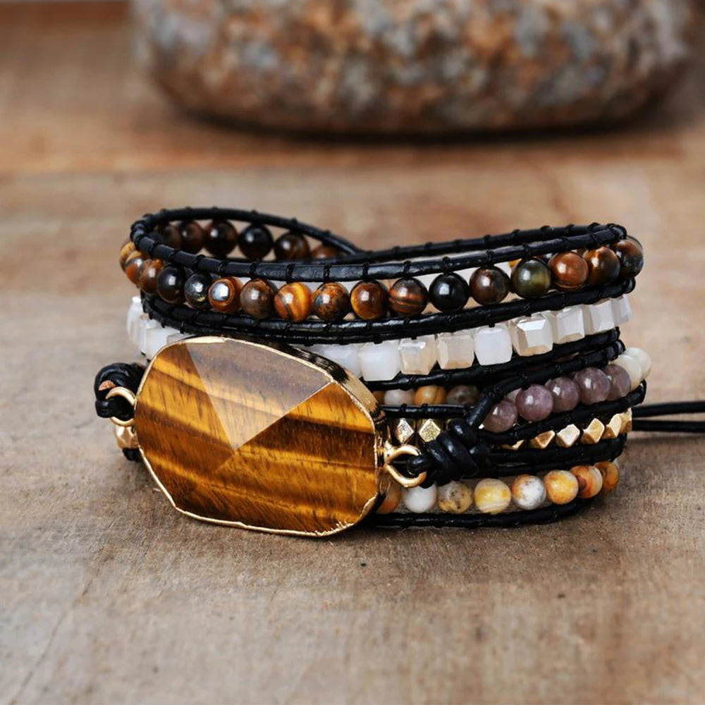 Geometric Tiger Eye Wrap Bracelet for Women Boho Natural Stone Crystal Beaded
