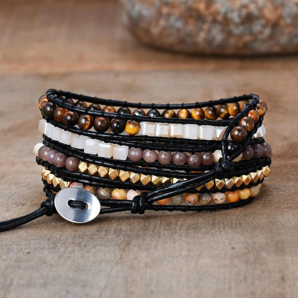 Geometric Tiger Eye Wrap Bracelet for Women Boho Natural Stone Crystal Beaded