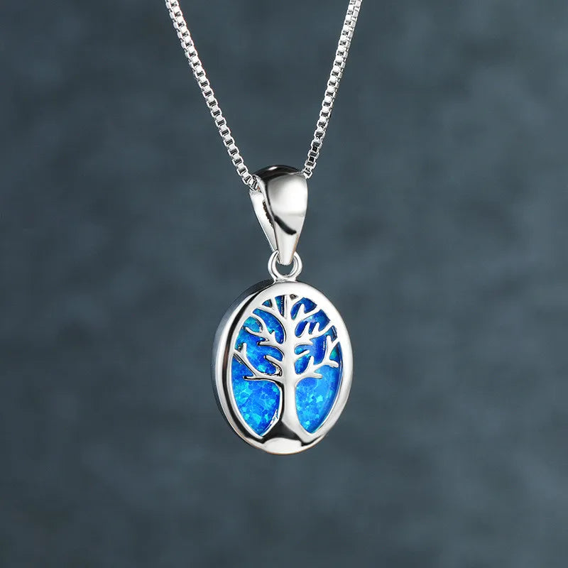 Opal Tree of Life Pendant Necklace 925 Silver Chain Women's Jewelry