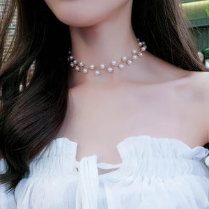 Geometric Pearl Cross Collarbone Chain Necklace