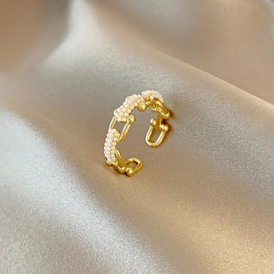 Geometric U-Shaped Chain Pearl Ring Femininity Hand Jewelry
