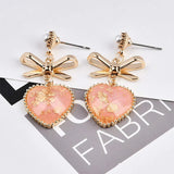 Alloy Double Hanging Bow Knot Peach Heart Drop Earrings