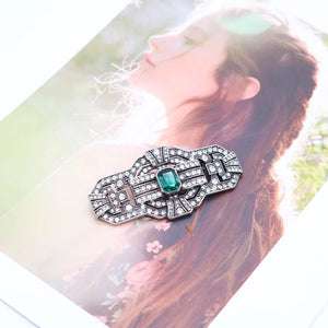 Vintage Green Rhinestone Geometry Brooch Pin