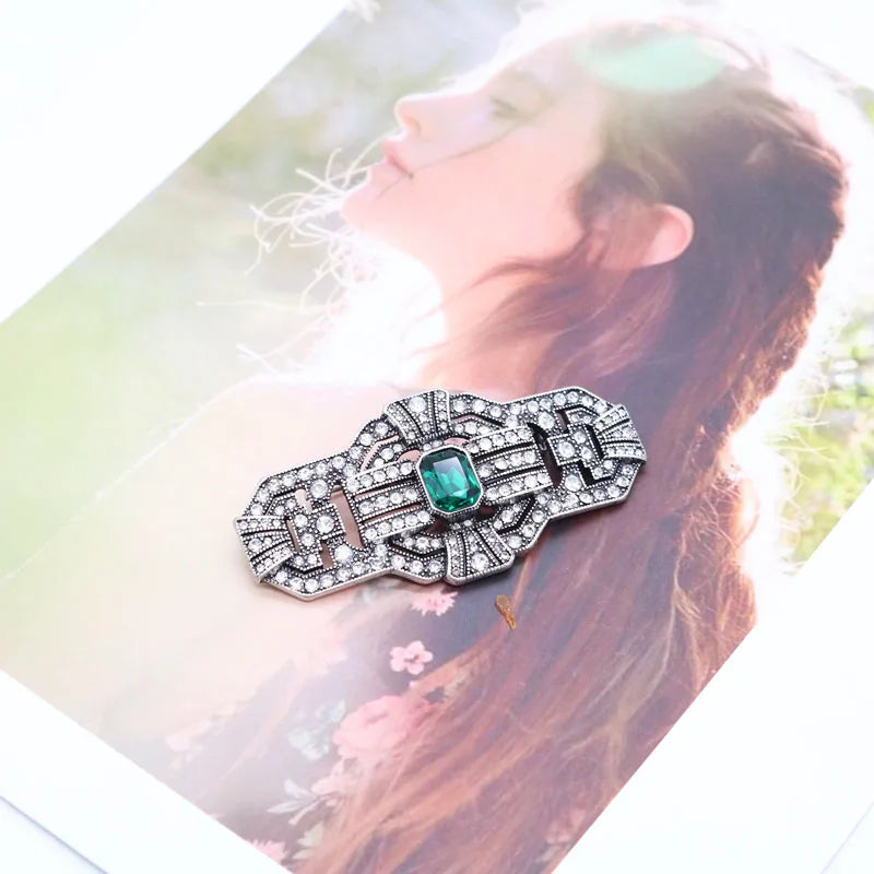 Vintage Green Rhinestone Geometry Brooch Pin