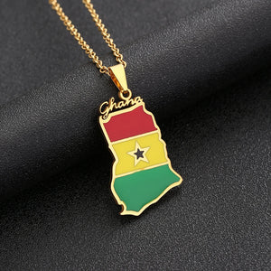 Ghana Map Flag Pendant Necklace Stainless Steel For Women Girls Silver Charm