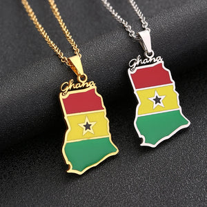 Ghana Map Flag Pendant Necklace Stainless Steel For Women Girls Silver Charm