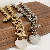 Shell Heart Pendant Chunky Chain Necklace with Toggle Clasp 