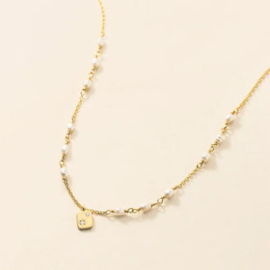 925 Silver Freshwater Pearl Star Pendant Necklace with Zircon Square Tag