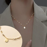 925 Silver Freshwater Pearl Star Pendant Necklace with Zircon Square Tag