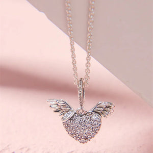 Pave Heart Angel Wings Pan Necklace 925 Sterling Silver Jewelry