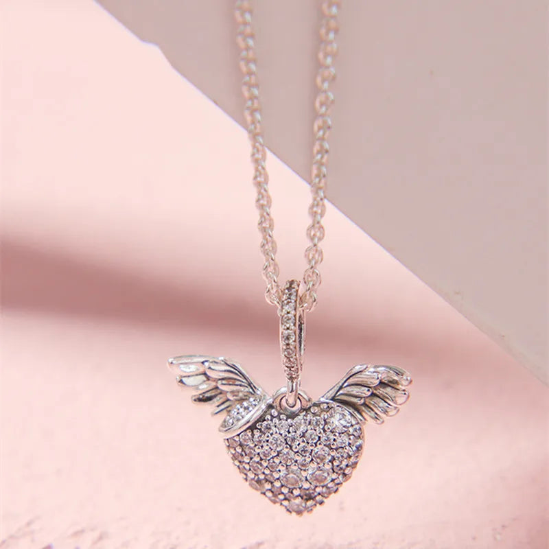 Pave Heart Angel Wings Pan Necklace 925 Sterling Silver Jewelry