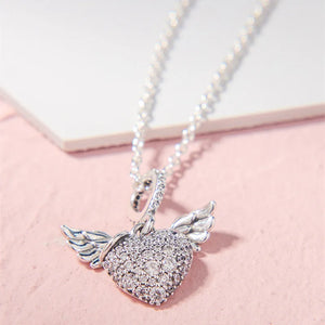 Pave Heart Angel Wings Pan Necklace 925 Sterling Silver Jewelry