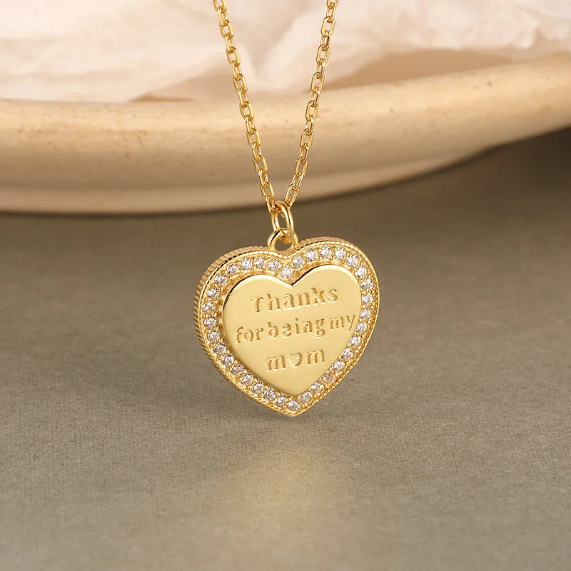 Heart Inlaid Zircon Pendant Necklace For Women Love Saying Mother's Gift