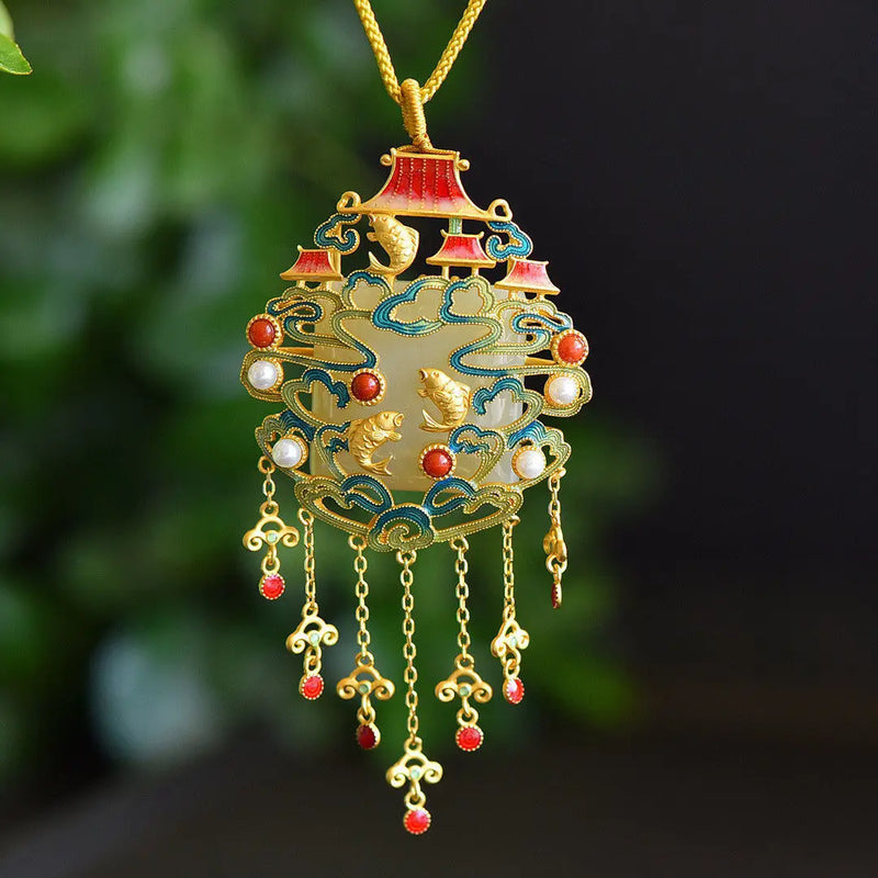 Elegant Hetian Jade Carp Pearl Necklace Pendant Silver Jewelry