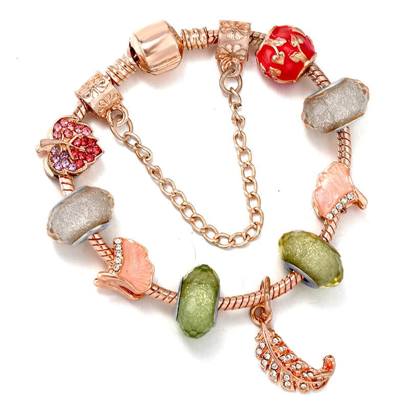 Ginkgo Biloba Leaves & Feather Charm Beads with Pendants for DIY Bracelet