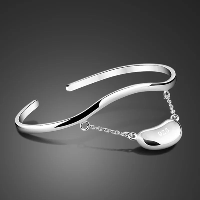 925 Sterling Silver Bracelet Smooth Pea Pendant Solid Silver Open Bracelet