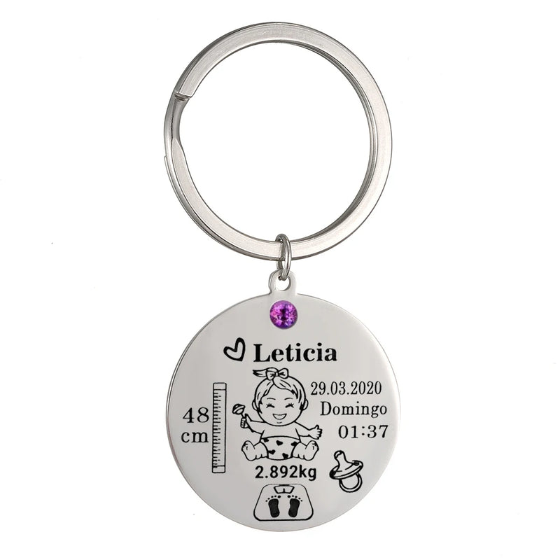 Girl Baby keychain height weight date stainless steel Keyring
