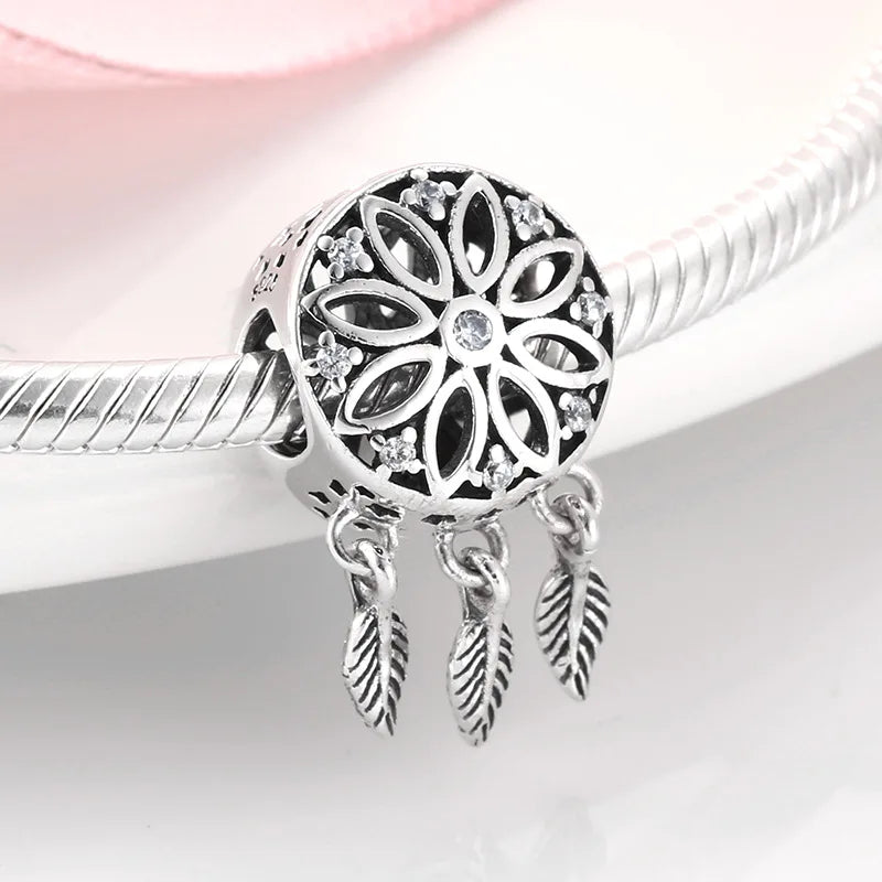 Girl Heart Moon Dream Catcher Bracelet Beaded Pendant S925 Sterling Silver Beads