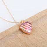 Pink Mermaid Fish Scale Heart Necklace S925 Sterling Silver Clavicle Chain
