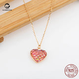 Pink Mermaid Fish Scale Heart Necklace S925 Sterling Silver Clavicle Chain