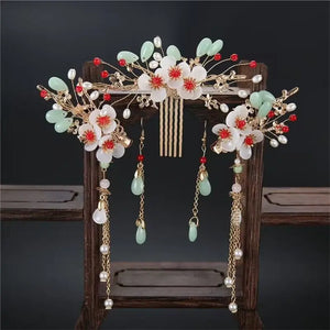 Girl's Glass Flower Tassel Hairpin Earring Set Chinese Hanfu Headdress