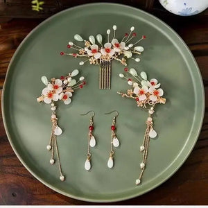 Girl's Glass Flower Tassel Hairpin Earring Set Chinese Hanfu Headdress