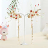 Girl's Glass Flower Tassel Hairpin Earring Set Chinese Hanfu Headdress