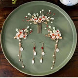 Girl's Glass Flower Tassel Hairpin Earring Set Chinese Hanfu Headdress
