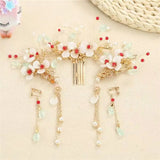 Girl's Glass Flower Tassel Hairpin Earring Set Chinese Hanfu Headdress