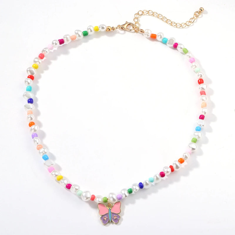 Colorful Beads Pearls Butterfly Dangle Necklace Multi-Layer Heart Rhinestone