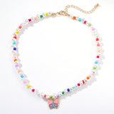 Colorful Beads Pearls Butterfly Dangle Necklace Multi-Layer Heart Rhinestone