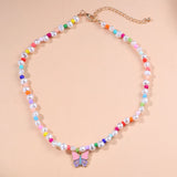 Colorful Beads Pearls Butterfly Dangle Necklace Multi-Layer Heart Rhinestone