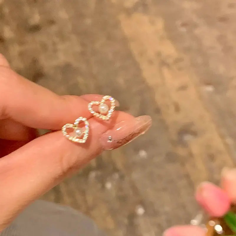 925 Silver Zircon Pearl Heart Stud Earrings For Women