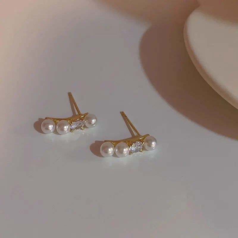 925 Silver Pearl Zircon Stud Earrings Wedding Party Jewelry