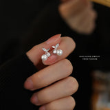 925 Silver Shell Pearl Cherry Stud Earrings Zircon Wedding Jewelry