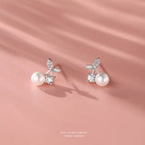 925 Silver Shell Pearl Cherry Stud Earrings Zircon Wedding Jewelry