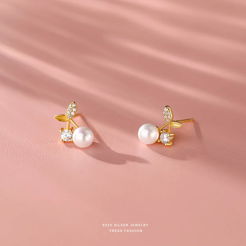 925 Silver Shell Pearl Cherry Stud Earrings Zircon Wedding Jewelry