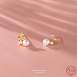 925 Silver Shell Pearl Cherry Stud Earrings Zircon Wedding Jewelry