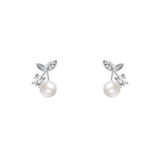 925 Silver Shell Pearl Cherry Stud Earrings Zircon Wedding Jewelry