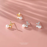 925 Silver Shell Pearl Cherry Stud Earrings Zircon Wedding Jewelry