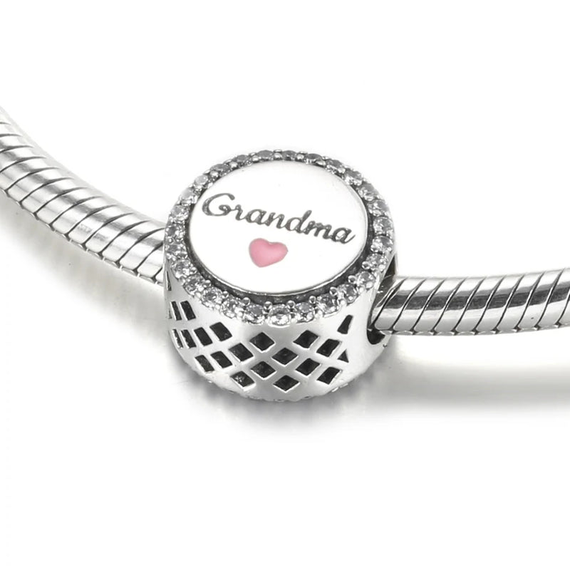 Pink Enamel Heart Grandma Bead Charm Bracelet Bangle Silver DIY Jewelry