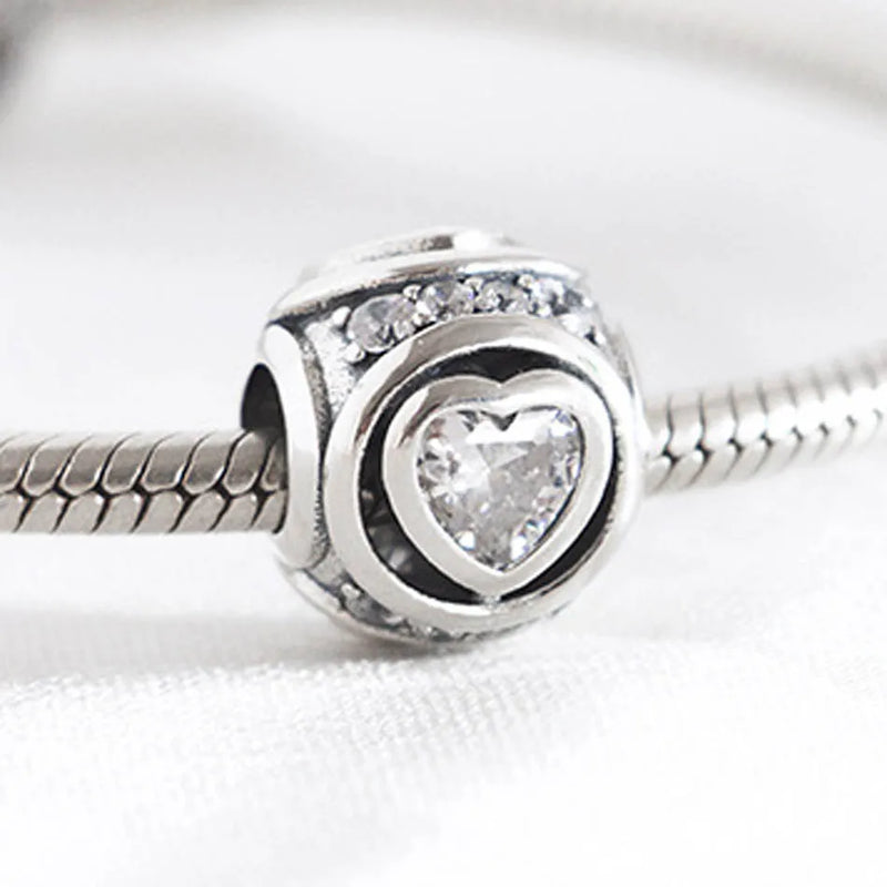 Girls Bracelets Bead Elevated Heart CZ Charm fit Lady Silver Bangle