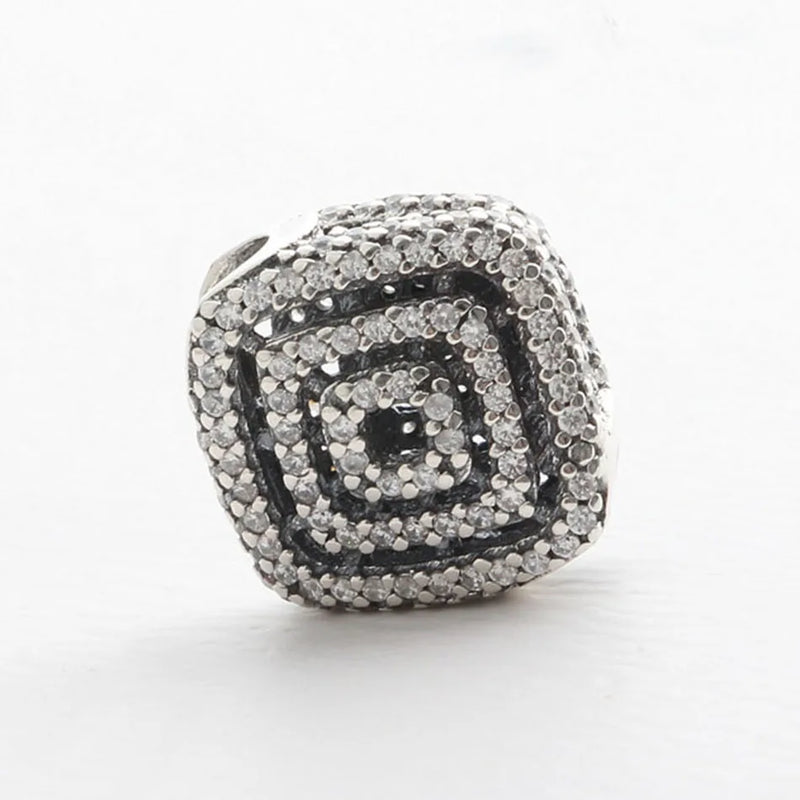 Silver Bead Bracelet with Geometric Lines Charm and CZ Stones