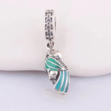 Tropical Parrot Dangle Charm Bracelet, Teal & Clear CZ Bead Silver DIY Jewelry